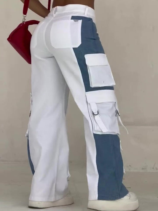 Contrast Pocket Cargo Jeans in white and blue color-block with oversized side cargo pockets.