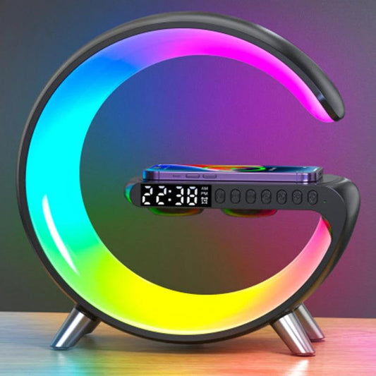 Ancient Energy G-shaped LED lamp with Bluetooth speaker, wireless charger, and app control, ideal for bedroom or home decor.