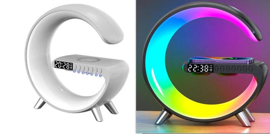 Ancient Energy G-shaped LED lamp with Bluetooth speaker, wireless charger, and app control, ideal for bedroom or home decor.