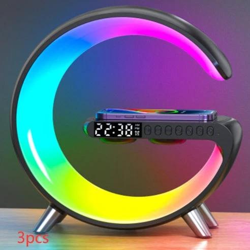 Ancient Energy G-shaped LED lamp with Bluetooth speaker, wireless charger, and app control, ideal for bedroom or home decor.