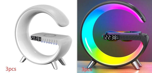 Ancient Energy G-shaped LED lamp with Bluetooth speaker, wireless charger, and app control, ideal for bedroom and home decor.