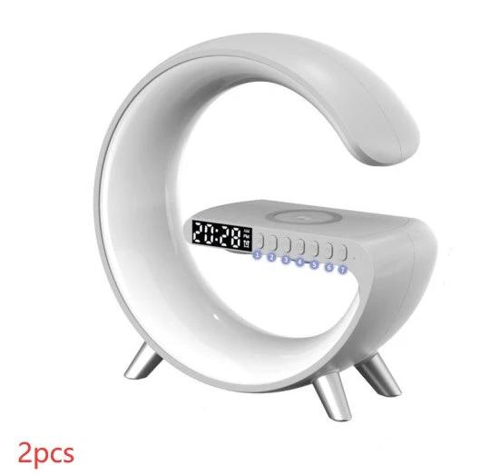 Ancient Energy G-shaped LED lamp with Bluetooth speaker, wireless charger, and app control, ideal for bedroom or home decor.