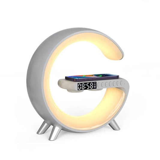 Ancient Energy G-shaped LED lamp with Bluetooth speaker, wireless charger, and app control, perfect for bedroom or home decor.