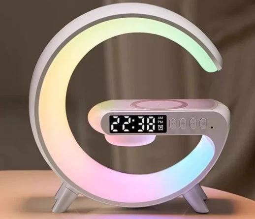 Ancient Energy G-shaped LED lamp with Bluetooth speaker, wireless charger, app control, ideal for bedroom and home decor.