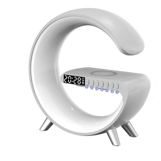 Ancient Energy G-shaped LED lamp with Bluetooth speaker, wireless charger, and app control for bedroom or home decor.