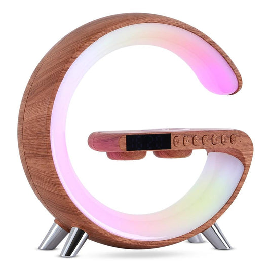 Ancient Energy G-shaped LED lamp with Bluetooth speaker, wireless charger, app control, ideal for bedroom or home decor.