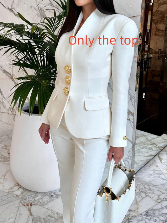 Solid white blazer and high-waisted pants set with gold buttons by Ancient Energy