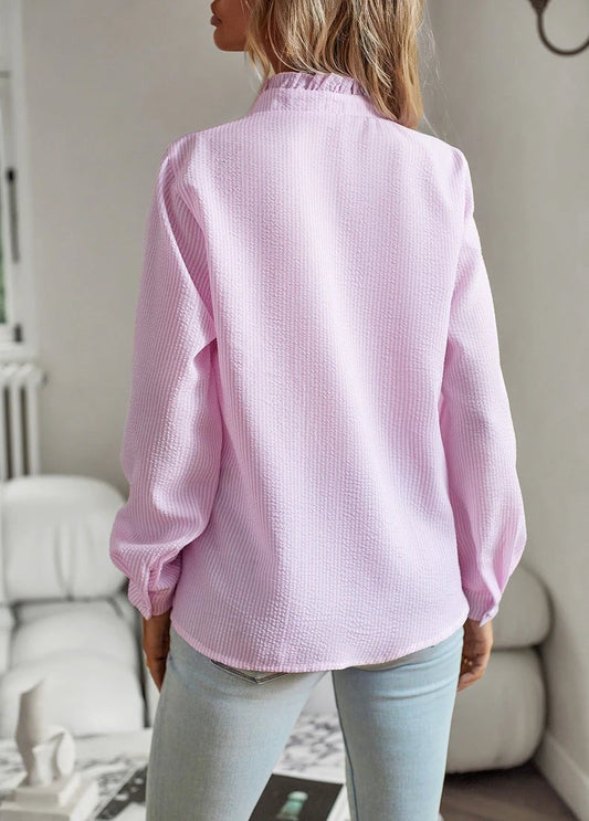 Ancient Energy women's striped long sleeve shirt with ruffle design, button-up casual office blouse for elegant commuting style.