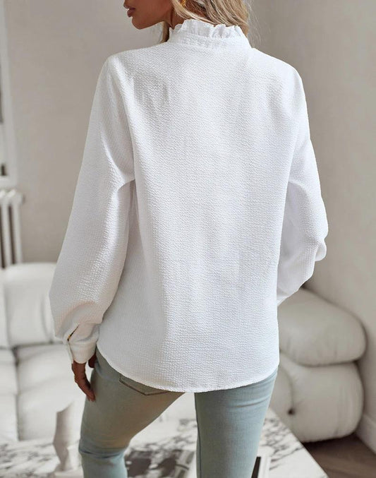 Ancient Energy women's striped long sleeve shirt with ruffle detail, button-up casual office blouse for elegant commuting wear.