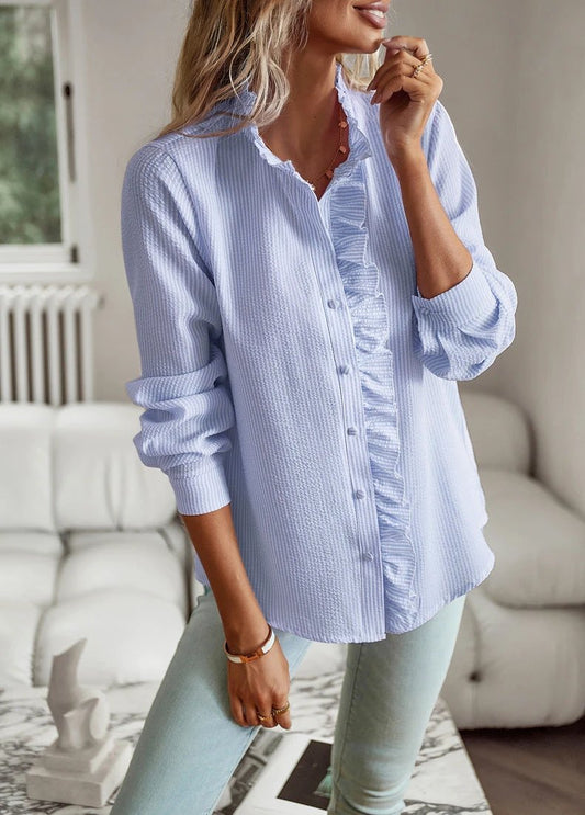 Elegant striped long sleeve women's blouse with ruffle details, button-up front, suitable for casual, office, and commuting wear.