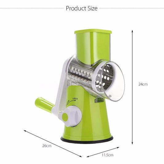 Ancient Energy round vegetable cutter and mandoline slicer with julienne and grater attachments for potatoes, carrots, cheese, and more.