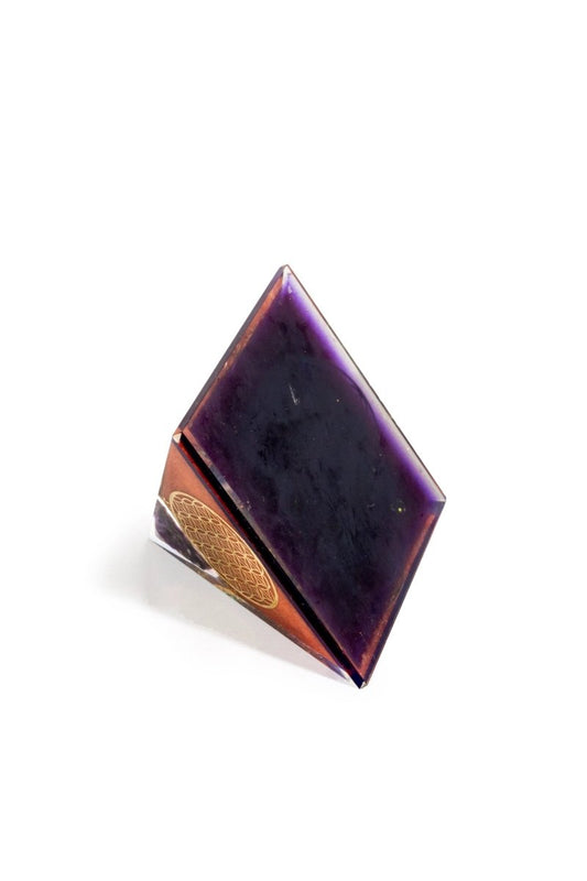 Ancient Energy Flower of Life Copper Orgone Pyramid with Amethyst crystal, handcrafted spiritual healing and energy balancing accessory.