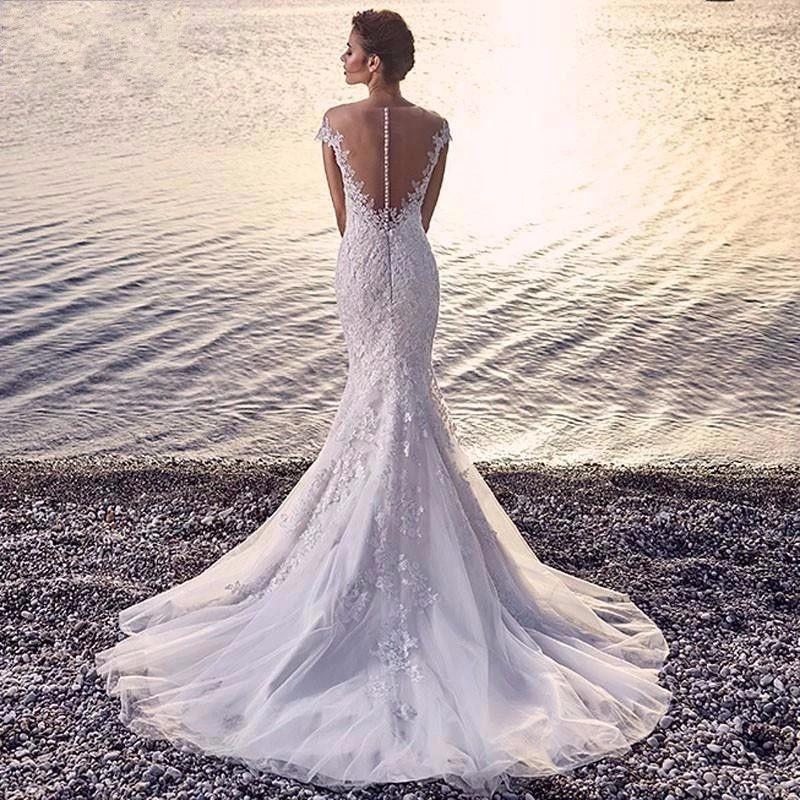 Princess Bride Mermaid Wedding Dress - White Trailing Backless Lace Gown MANDOTOS