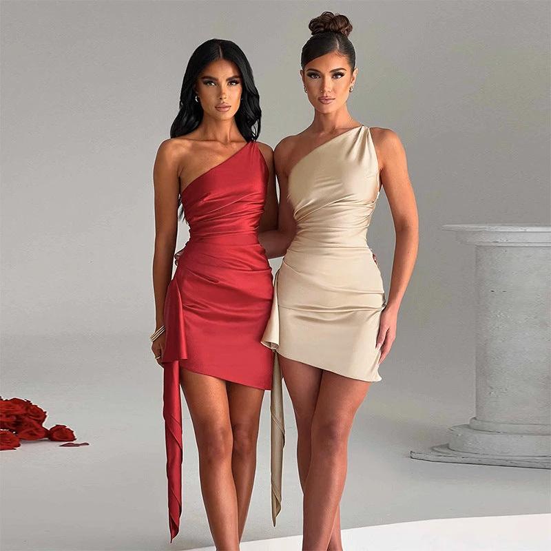 One-shoulder Sleeveless Mini Dress Sexy Slim Backless Skirt Party Wedding Dresses Womens Clothing MANDOTOS