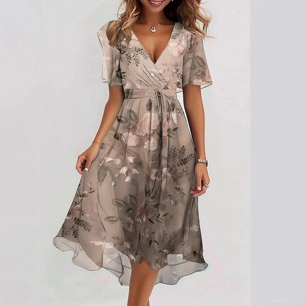 Chiffon Printed Short Sleeve Dress Summer Elegant V-neck Dresses Womens Clothing MANDOTOS
