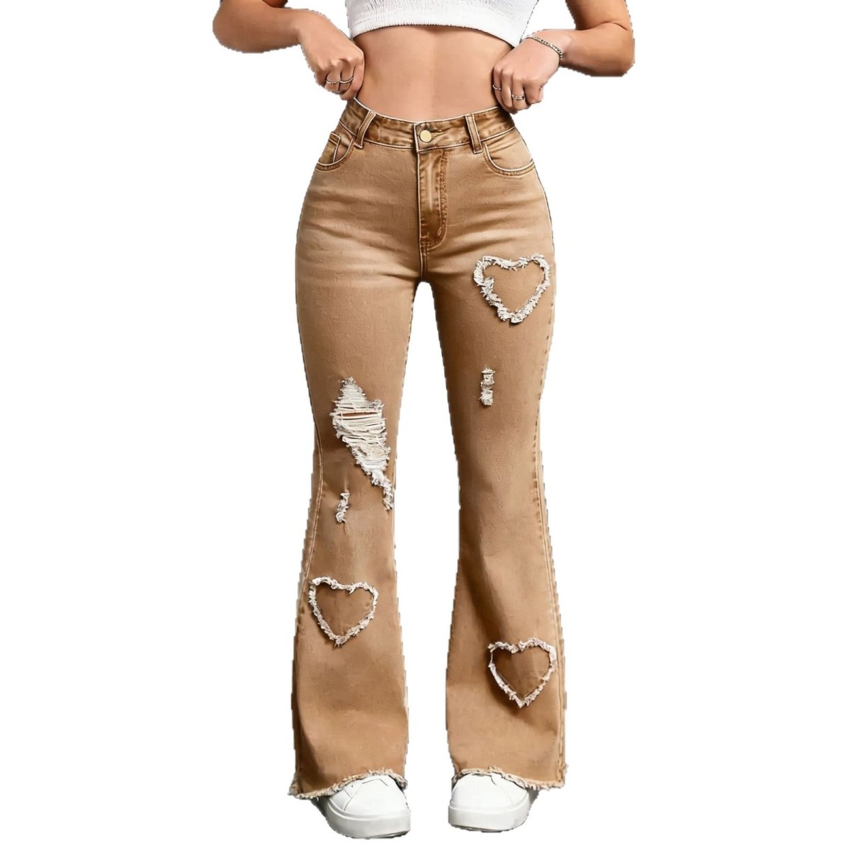 Stylish Casual Denim Jeans For Women, tan distressed denim with heart patches and frayed hems
