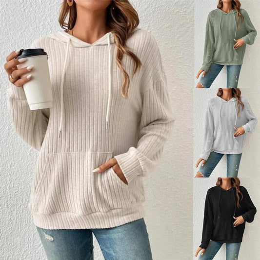 Mandotos Womens Knit Hoodie Sweatshirt With Pockets Drawstring Long Sleeve Solid Sunken Stripe Knitwear - MANDOTOS