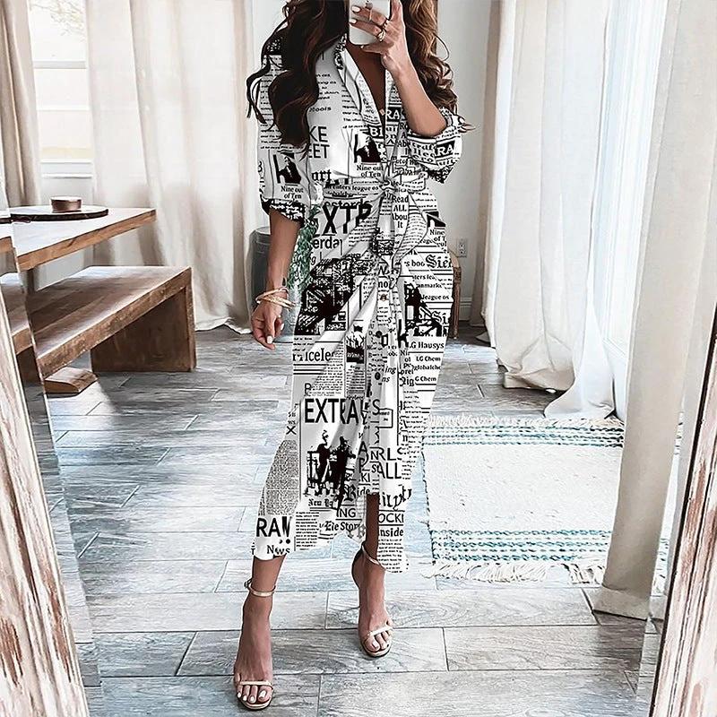 Mandotos European And American Print Long Sleeve Laceup Button Front Shirt Dress - MANDOTOS