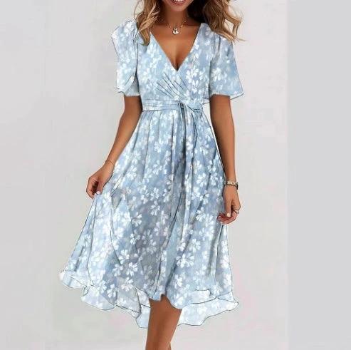 Chiffon Printed Short Sleeve Dress Summer Elegant V-neck Dresses Womens Clothing MANDOTOS