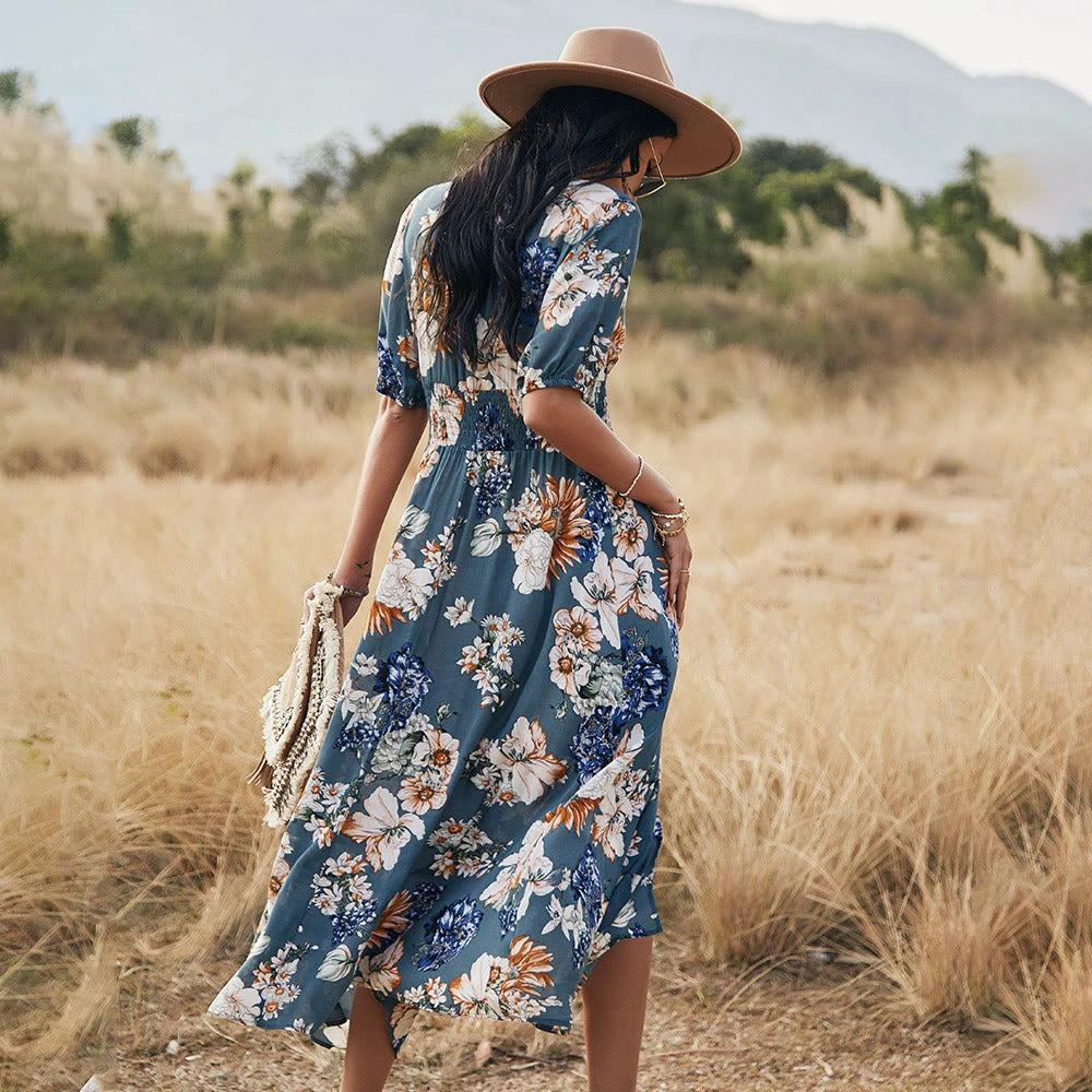 Floral Summer Beach Dress With V Neck Elastic Waist Dresses For Women MANDOTOS