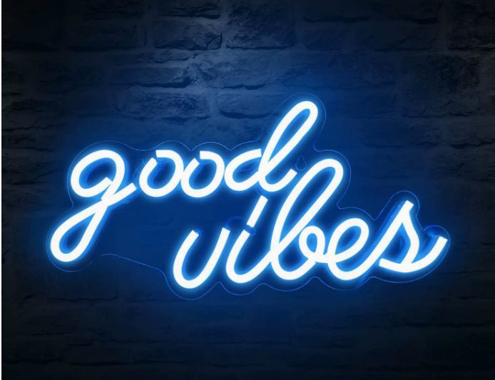 Led transparent backboard neon light sign reading good vibes in blue, wall-hung decorative sign.