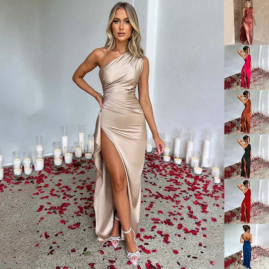 Sexy One-shoulder Backless Slit Dress Summer Elegant Slim-fit Solid Color Satin Dresses For Women MANDOTOS