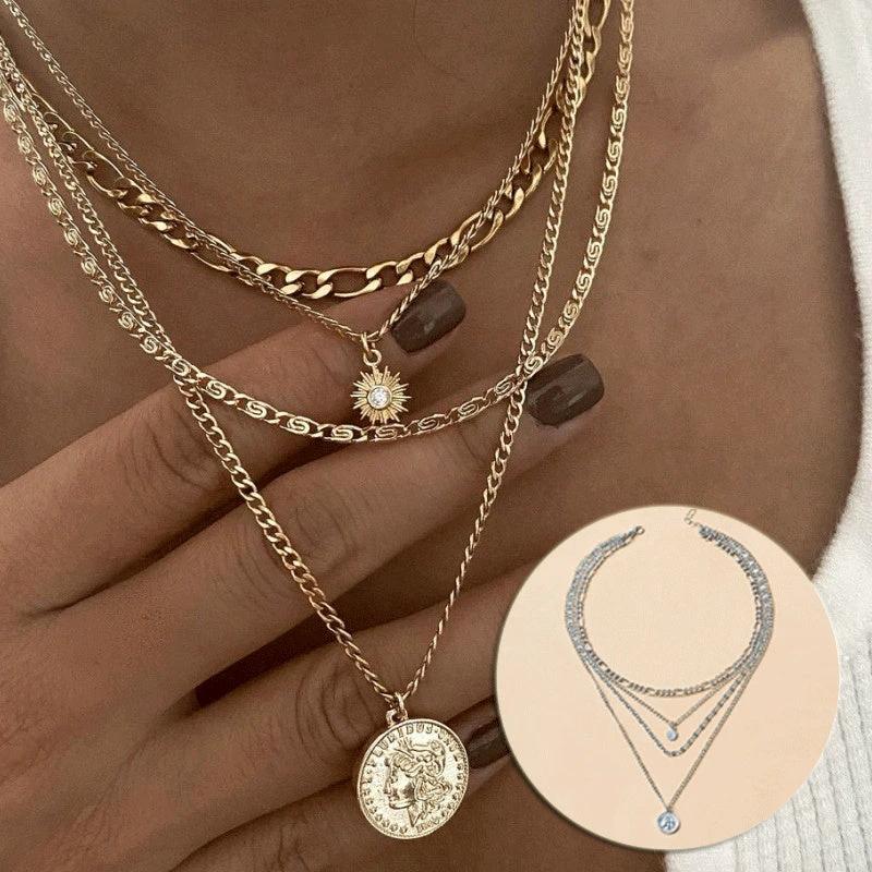Mandotos Chunky Gold Layered Necklace With Coin Pendant And Sun Charm For Women - MANDOTOS