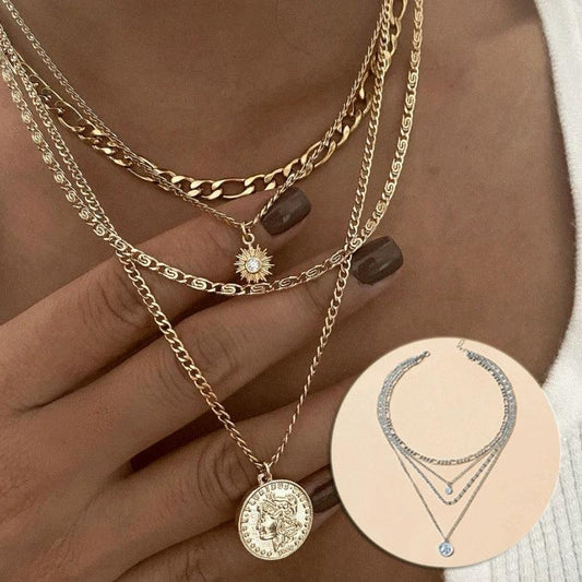 Mandotos Chunky Gold Layered Necklace With Coin Pendant And Sun Charm For Women - MANDOTOS