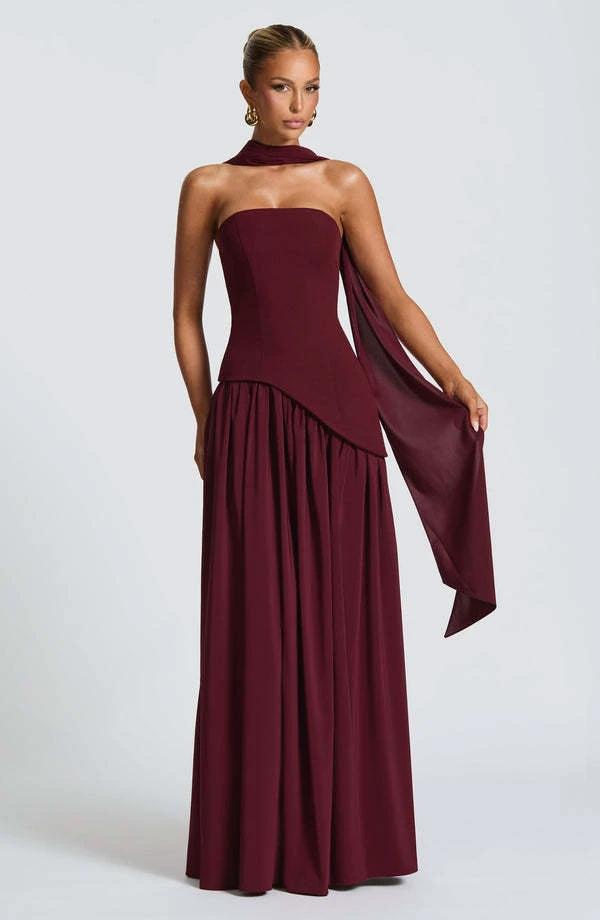 Cherry Lacquer Maliyah Maxi Dress with Chiffon Skirt & Scarf - MANDOTOS