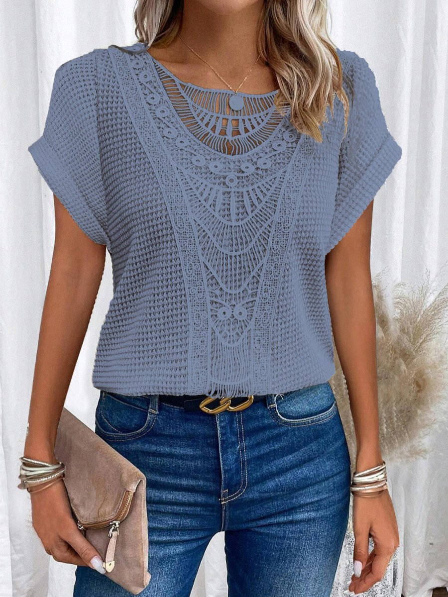 Blue women's summer hollow-out short-sleeved knit top with intricate lace pattern