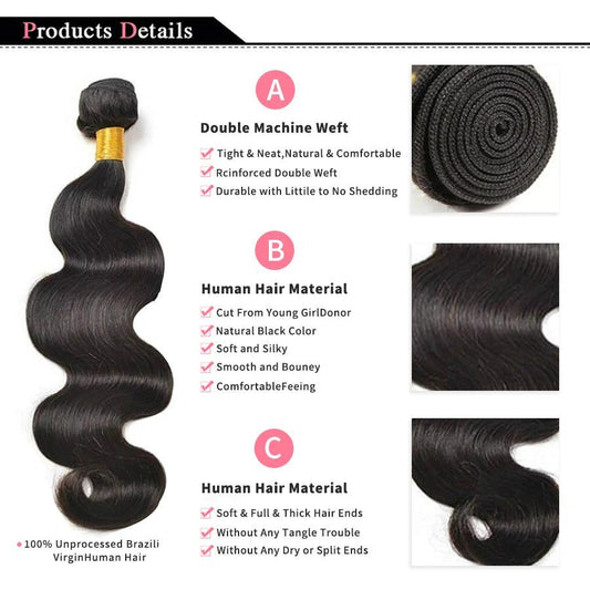 Body Wave Bundles Human Hair Brazilian Hair Weave Bundles 100% Natural Black Human Hair Extensions 3 PCS Bundles - MANDOTOS
