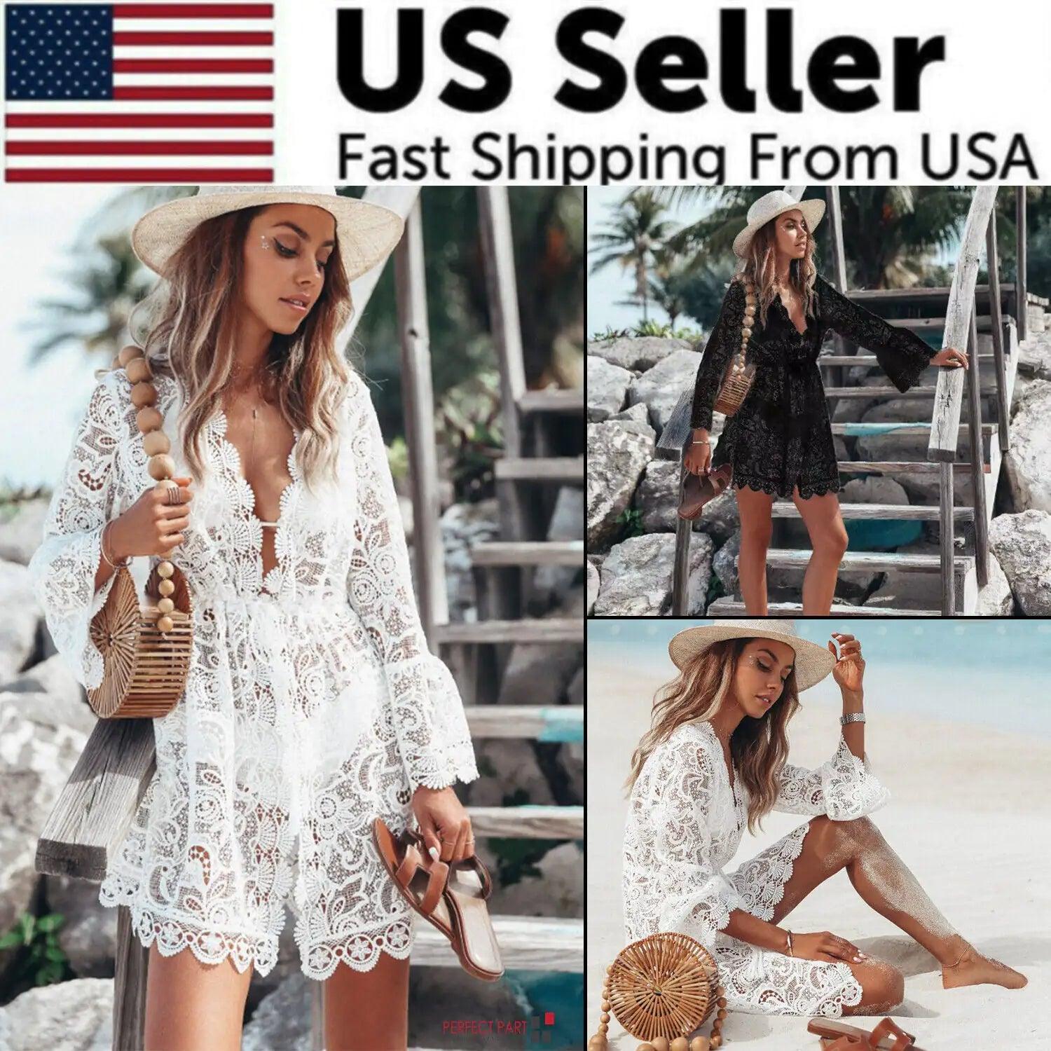 Boho Lace Maxi Beach Cover-Up Dress - MANDOTOS