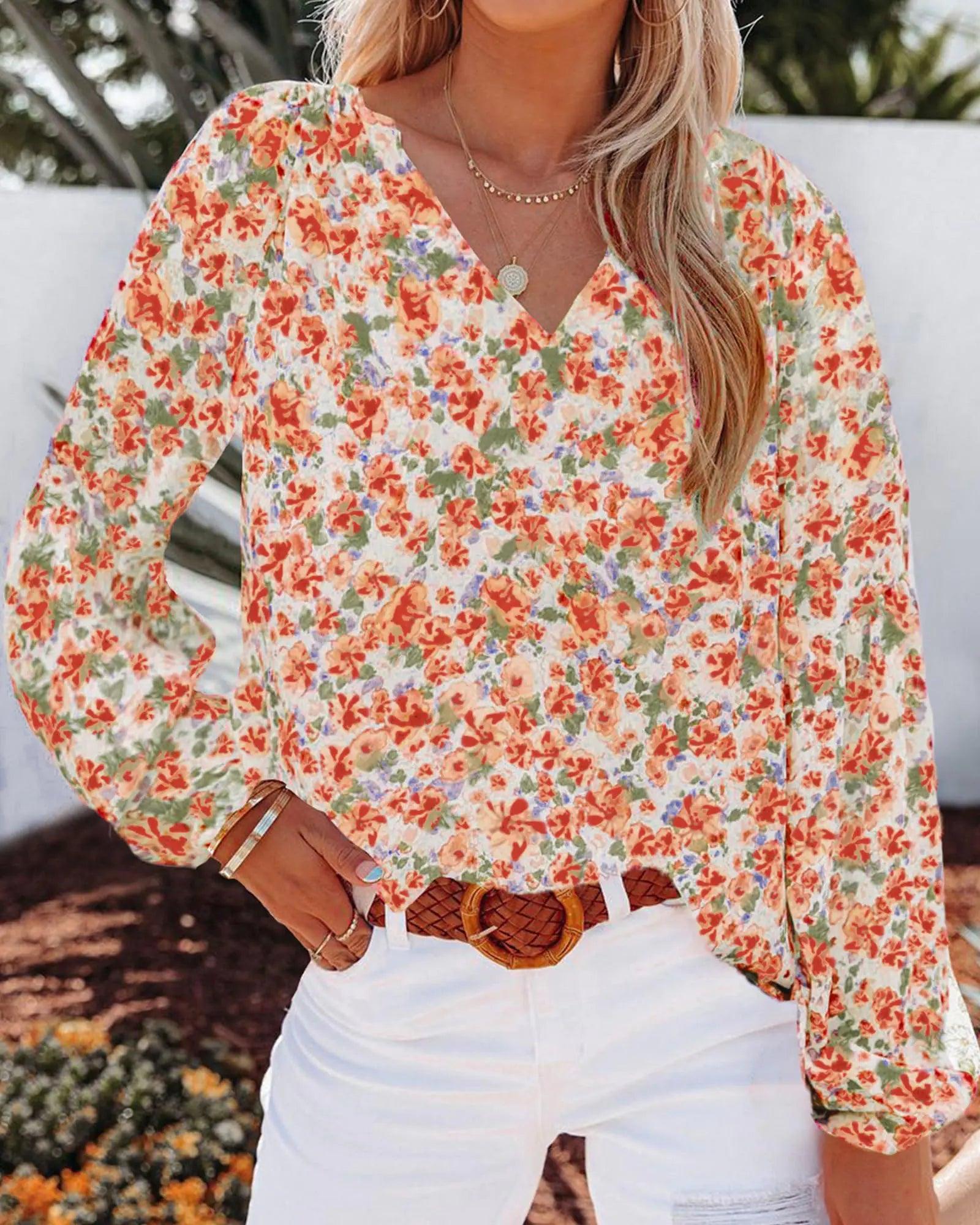 BTFBM Boho Chic Floral V-Neck Blouse - Orange Large - MANDOTOS