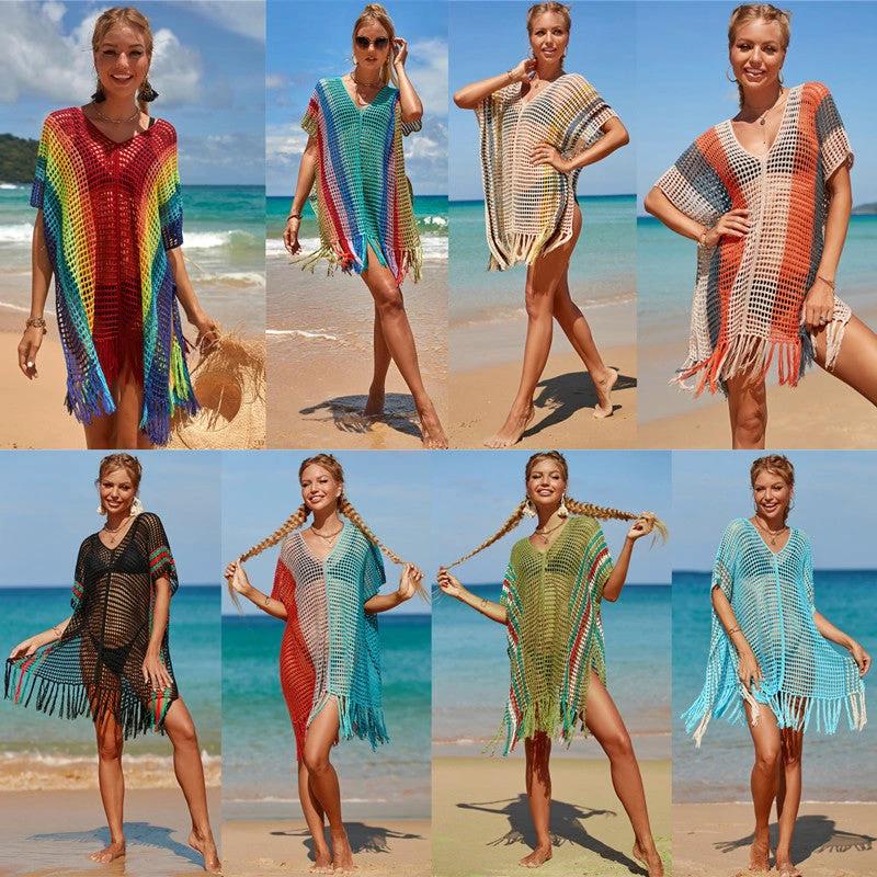Women's Knitted Colorful Striped Beach Blouse - MANDOTOS INTERNATIONAL0