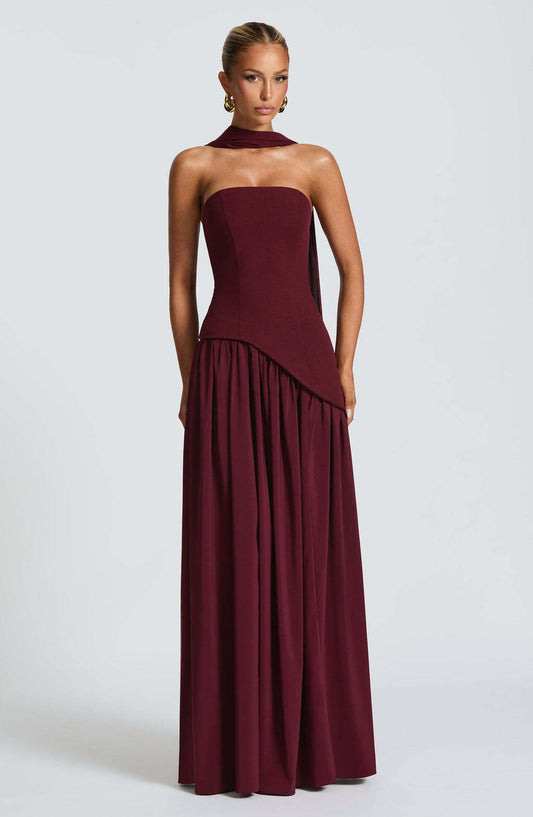 Cherry Lacquer Maliyah Maxi Dress with Chiffon Skirt & Scarf - MANDOTOS0