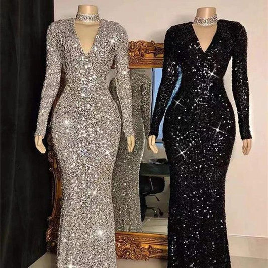Grey Long Sleeve Sequin Evening Dress MANDOTOS