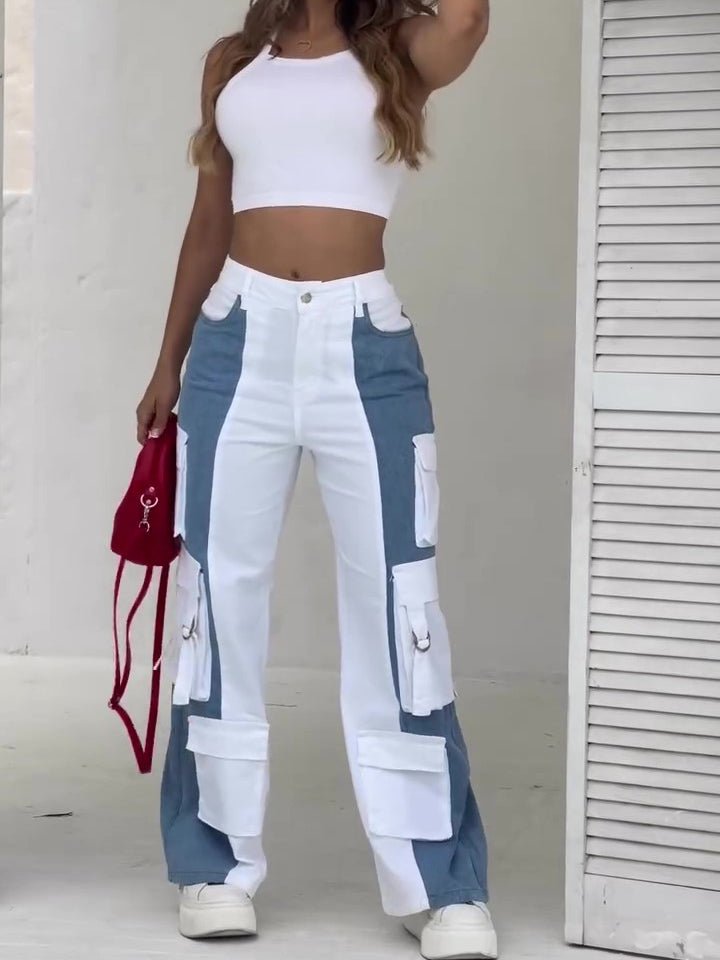 Contrast Pocket Cargo Jeans, blue and white color-block with multiple cargo pockets
