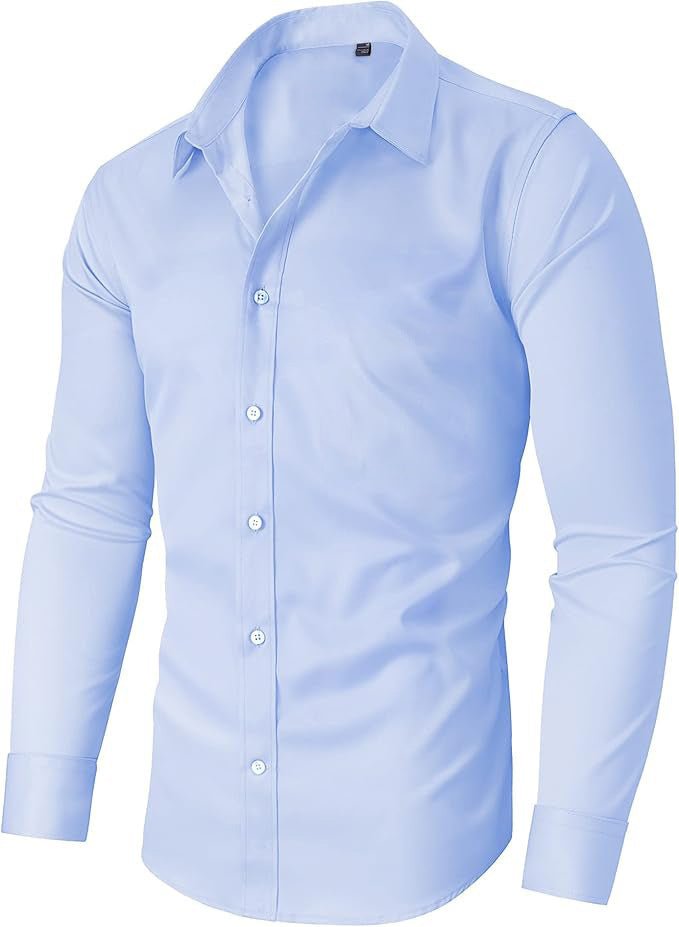 Men's slim-fit solid-color work shirt, light blue, long-sleeve button-down.