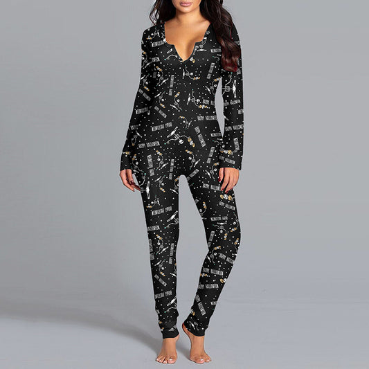 Halloween Printed Jumpsuit Long Sleeve Home Pajamas Casual Trousers Women's Cos Clothing - MANDOTOS