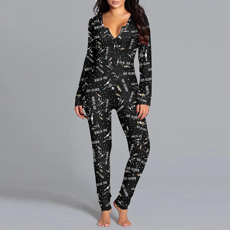 Halloween Printed Jumpsuit - Long Sleeve Home Pajamas - MANDOTOS