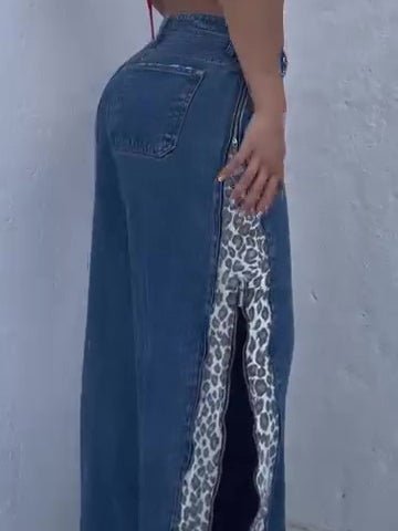 Leopard Print Zip-up Jeans by Ancient Energy; blue denim with leopard-pattern side panels.