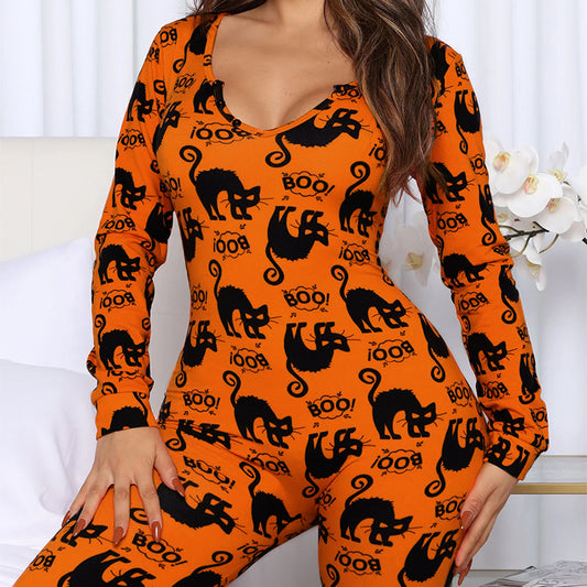 Halloween Printed Jumpsuit Long Sleeve Home Pajamas Casual Trousers Women's Cos Clothing - MANDOTOS