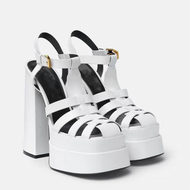 White platform sandals with thick block heels, multiple straps and ankle buckle