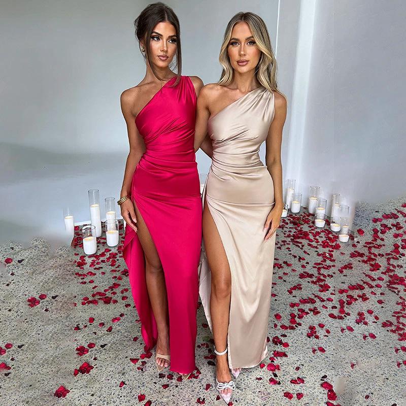 Sexy One-shoulder Backless Slit Dress Summer Elegant Slim-fit Solid Color Satin Dresses For Women MANDOTOS