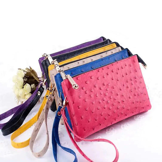 MANDOTOS Chic Faux Ostrich Clutch Wristlet In Six Vibrant Shades With Zippered Pocket - MANDOTOS