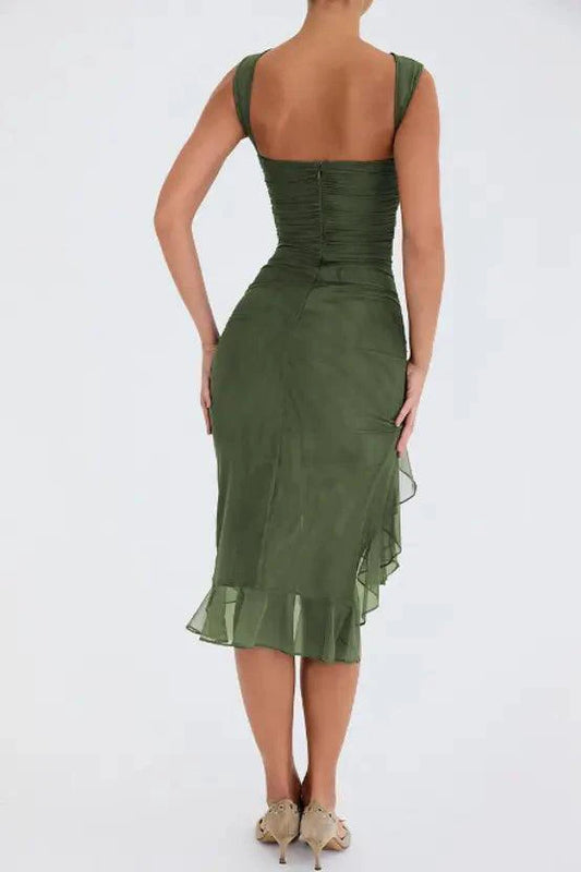 Mandotos Olive Green Ruffled Midi Dress With Ruched Bodice And Tiered Hem For Summer - MANDOTOS