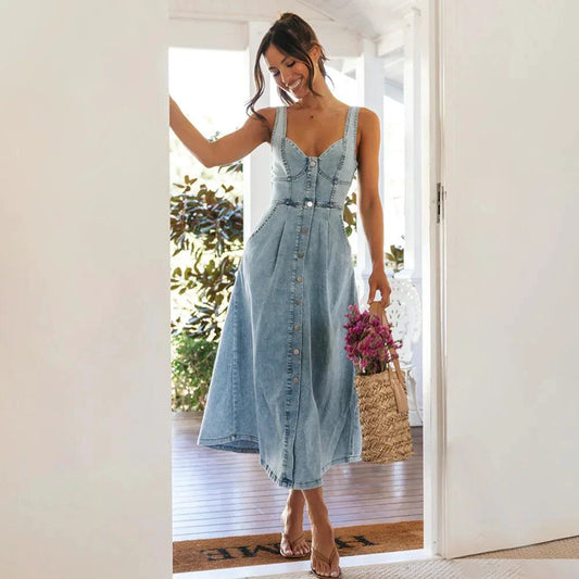 CitySleek Denim Midi Dress - MANDOTOS