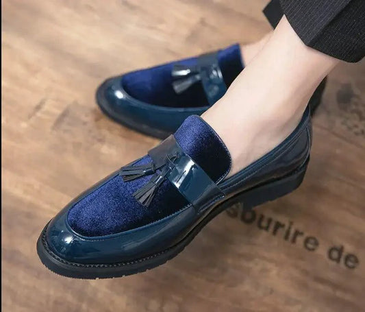 Mandotos College Inspired Leather Loafers For Men Blue Premium Handcrafted Dress Shoes - MANDOTOS
