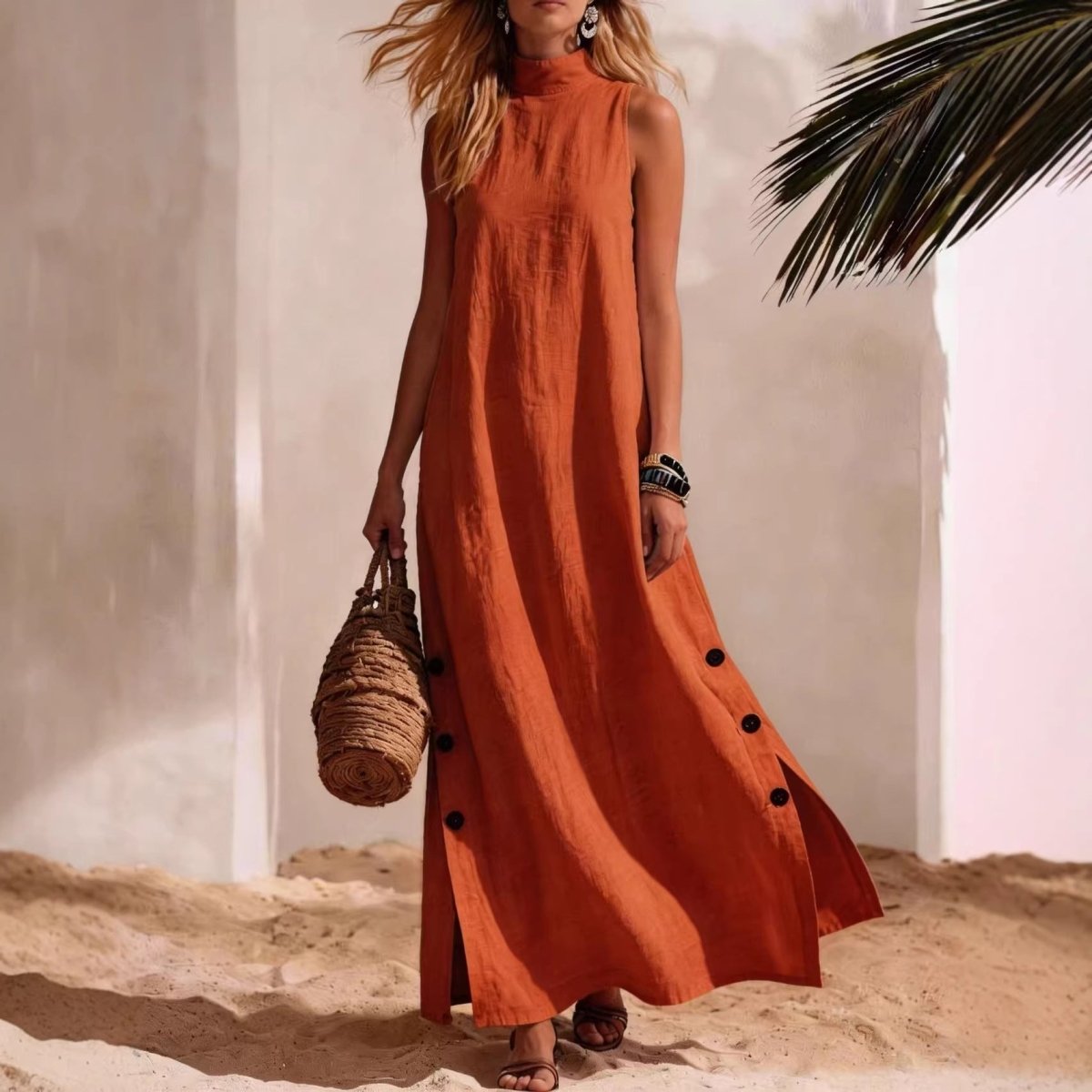 Cotton Linen Sleeveless Midi Dress – Side Slits & Loose Fit - MANDOTOS INTERNATIONALDresses