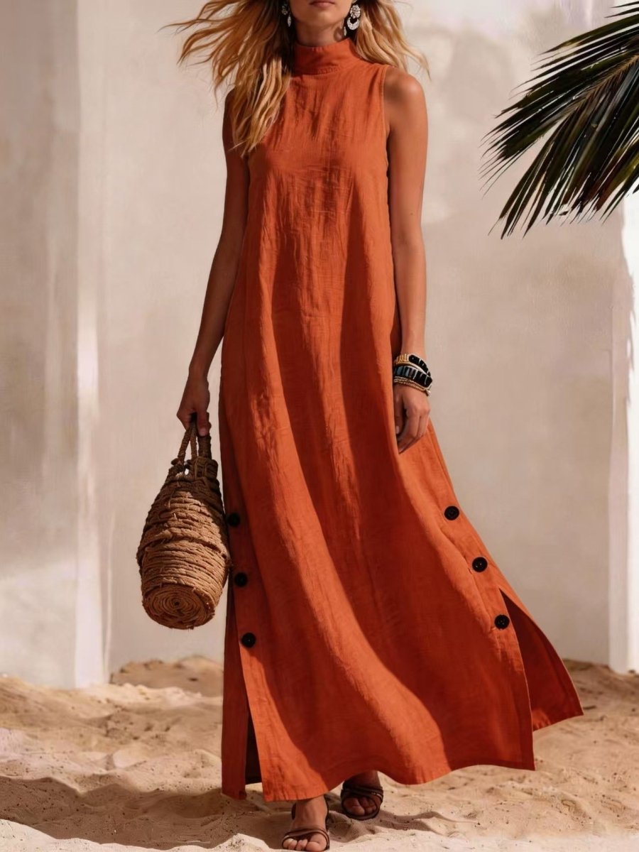 Cotton Linen Sleeveless Midi Dress – Side Slits & Loose Fit - MANDOTOS INTERNATIONALDresses